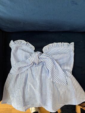 SHEIN Blue and White Gingham Strapless Tie-Front Top